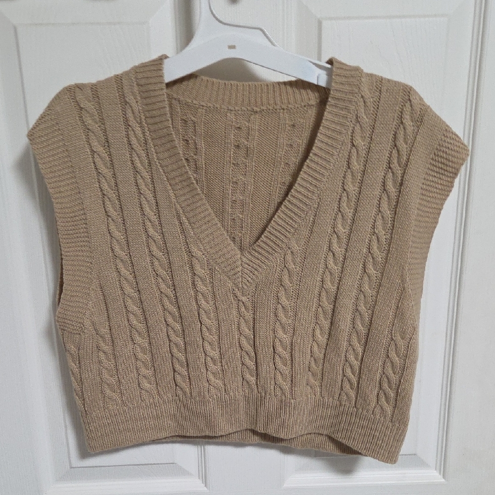 SHEIN Beige Cable Knit V-Neck Sweater Vest